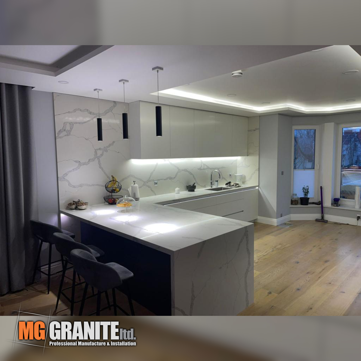 White Quartz with grey vein - complete kitchen
