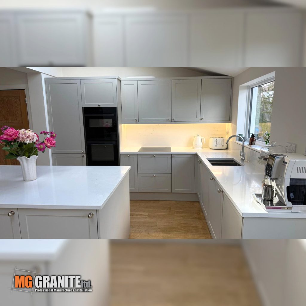 Full view of a modern kitchen installation in Morden featuring 30mm Classic Quartz Mystery worktops and a central kitchen island.