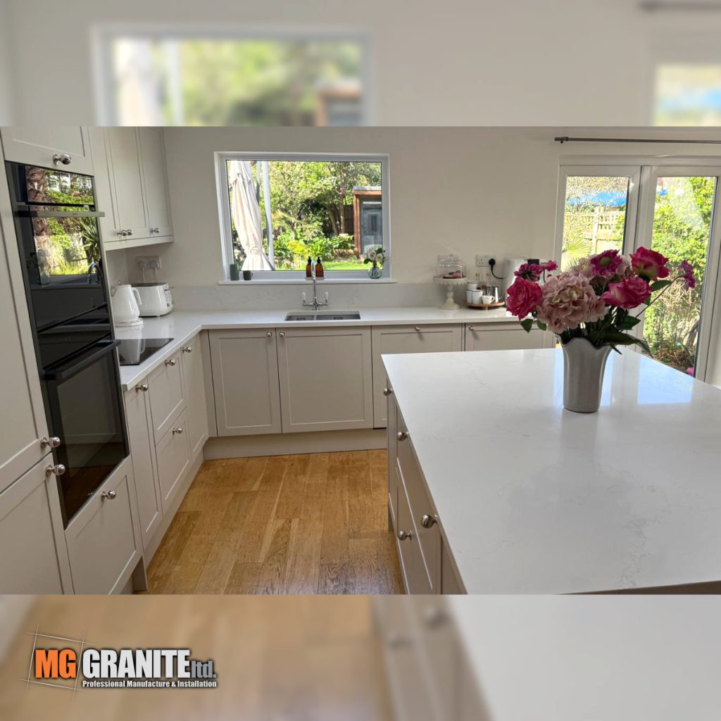 Close-up detail of the precise edge profiling and seamless joint work on the Classic Quartz Mystery surface.