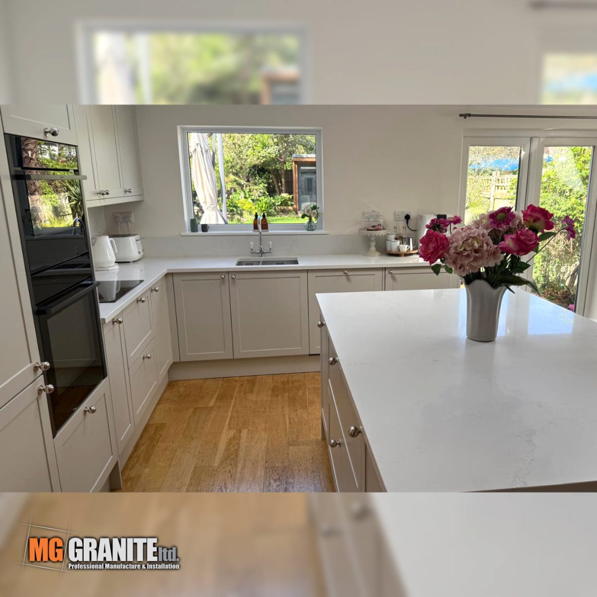 Close-up detail of the precise edge profiling and seamless joint work on the Classic Quartz Mystery surface.