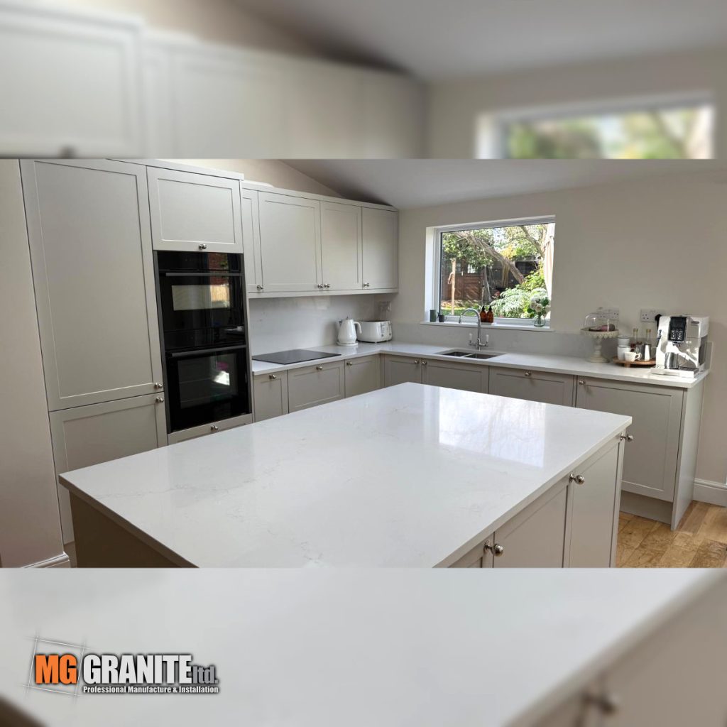 Bespoke 30mm stone window sill and matching 100mm quartz upstands fabricated from Classic Quartz Mystery slab.