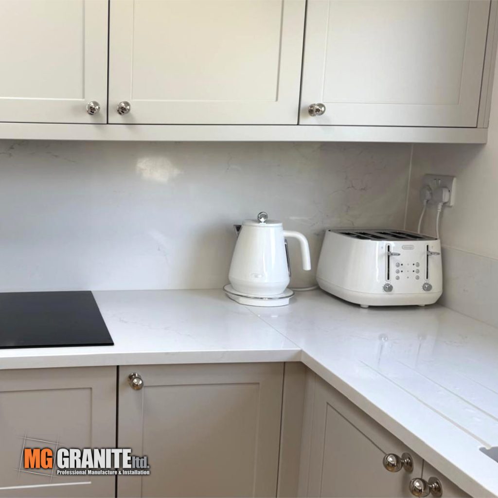 Finished and polished Classic Quartz Mystery worktop highlighting the natural-looking marble vein patterns.