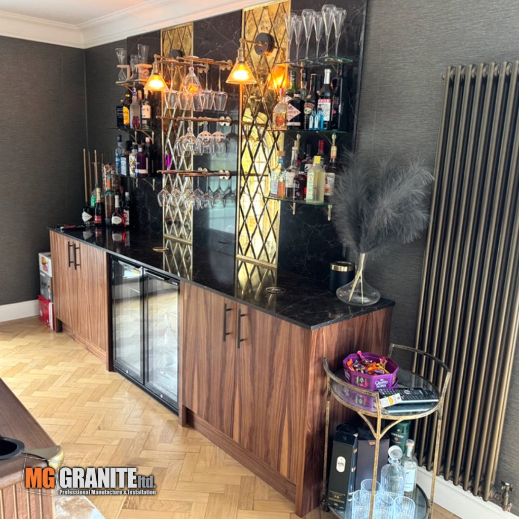 Bespoke home bar top made from 20mm Quartzforms Planet Earth in a modern London home.