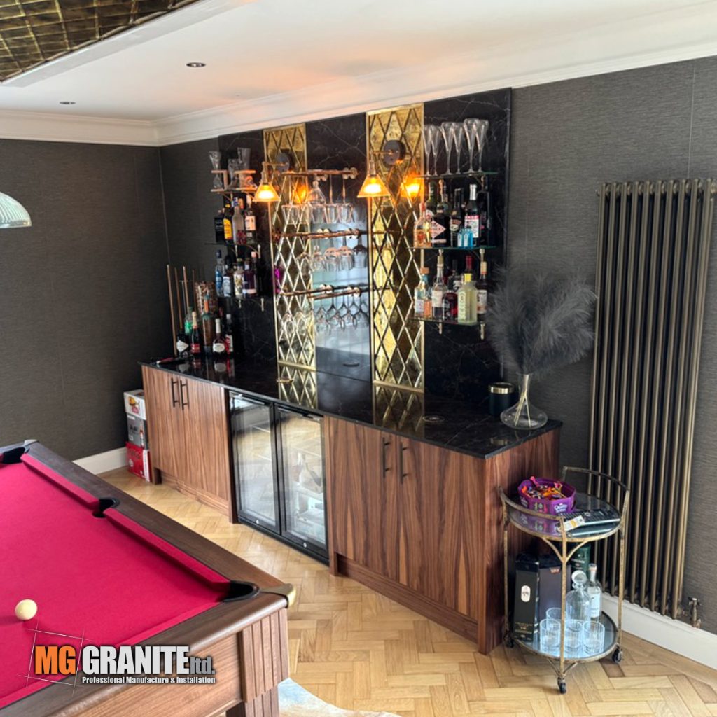 Wide shot showing the transition between the Brilliant White kitchen and the Planet Earth bar.