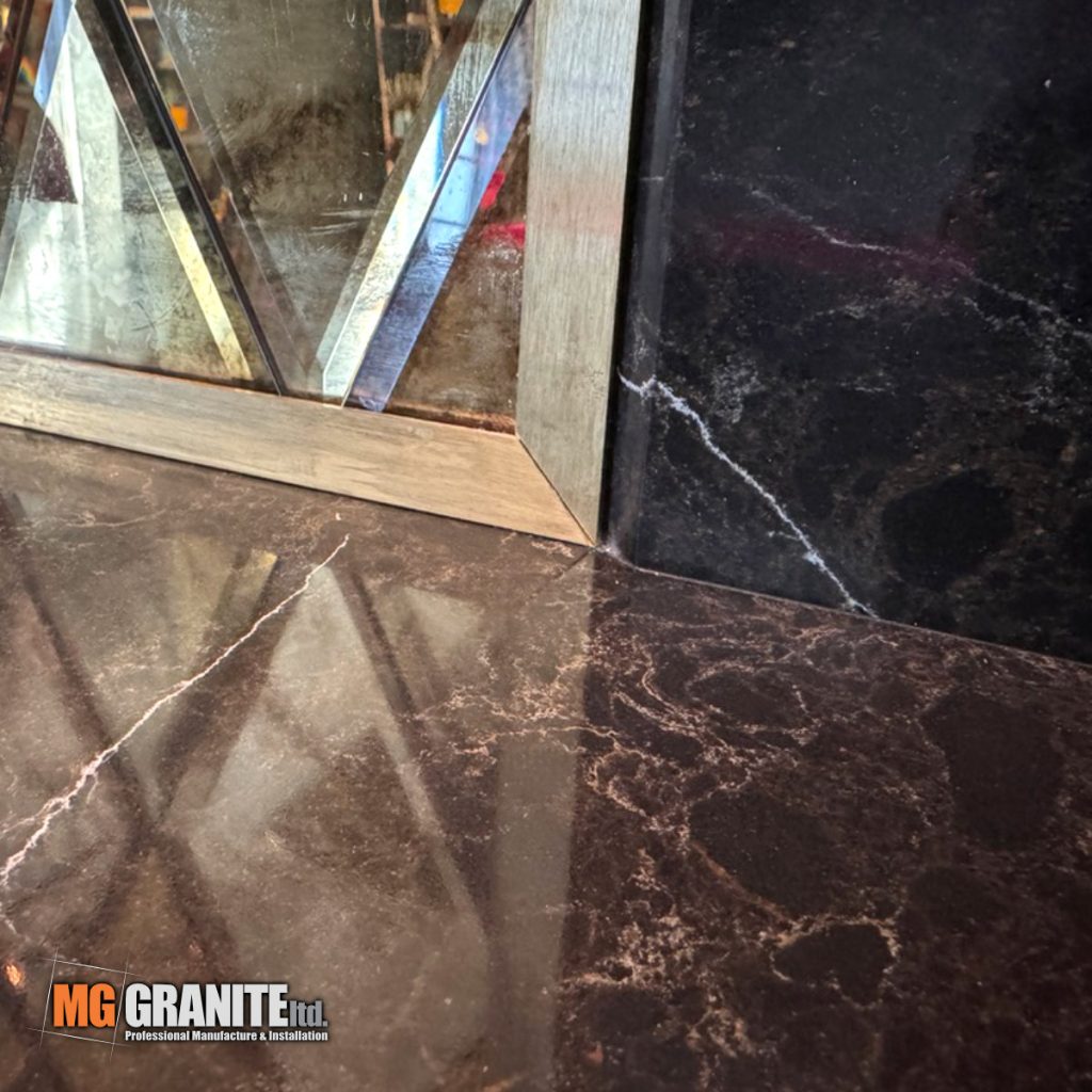 Close-up of the joinery and chamfered edges on the quartz