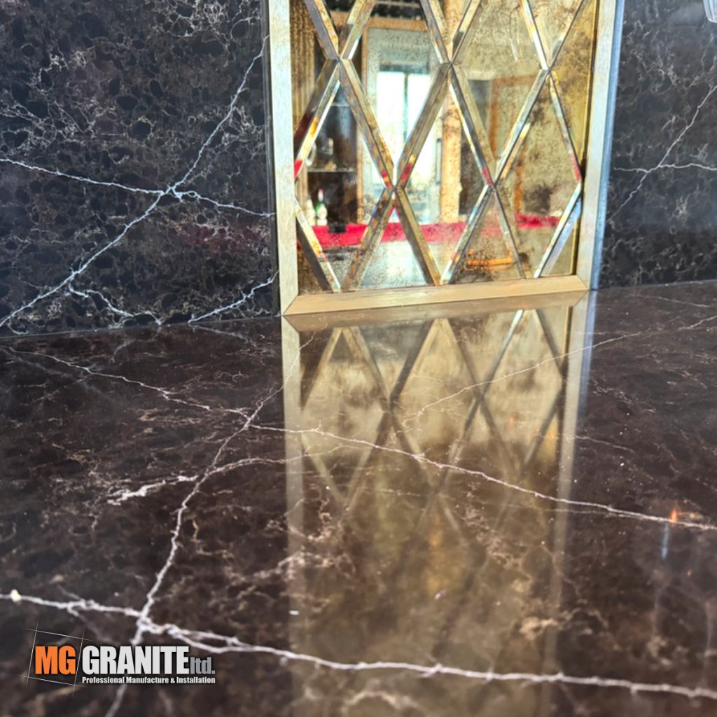 Wide shot of the finished home bar and matching quartz wall panels.