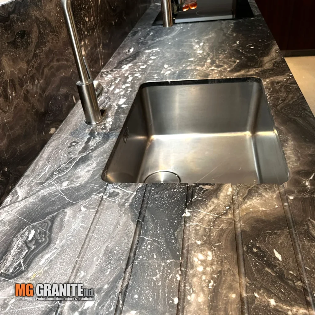 Grigio Orobico Marble kitchen in London sink cut out with grooves