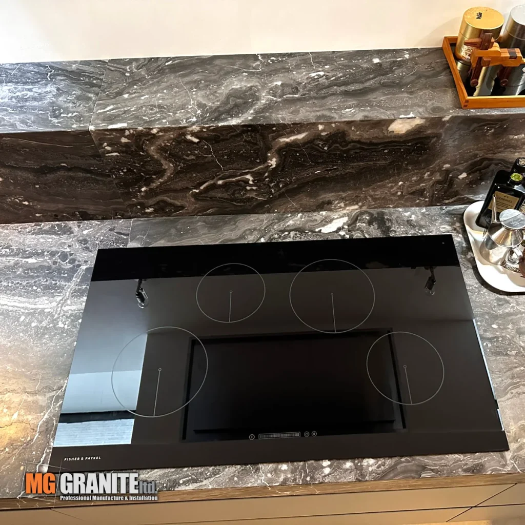 Grigio Orobico Marble kitchen in London with hob cut out