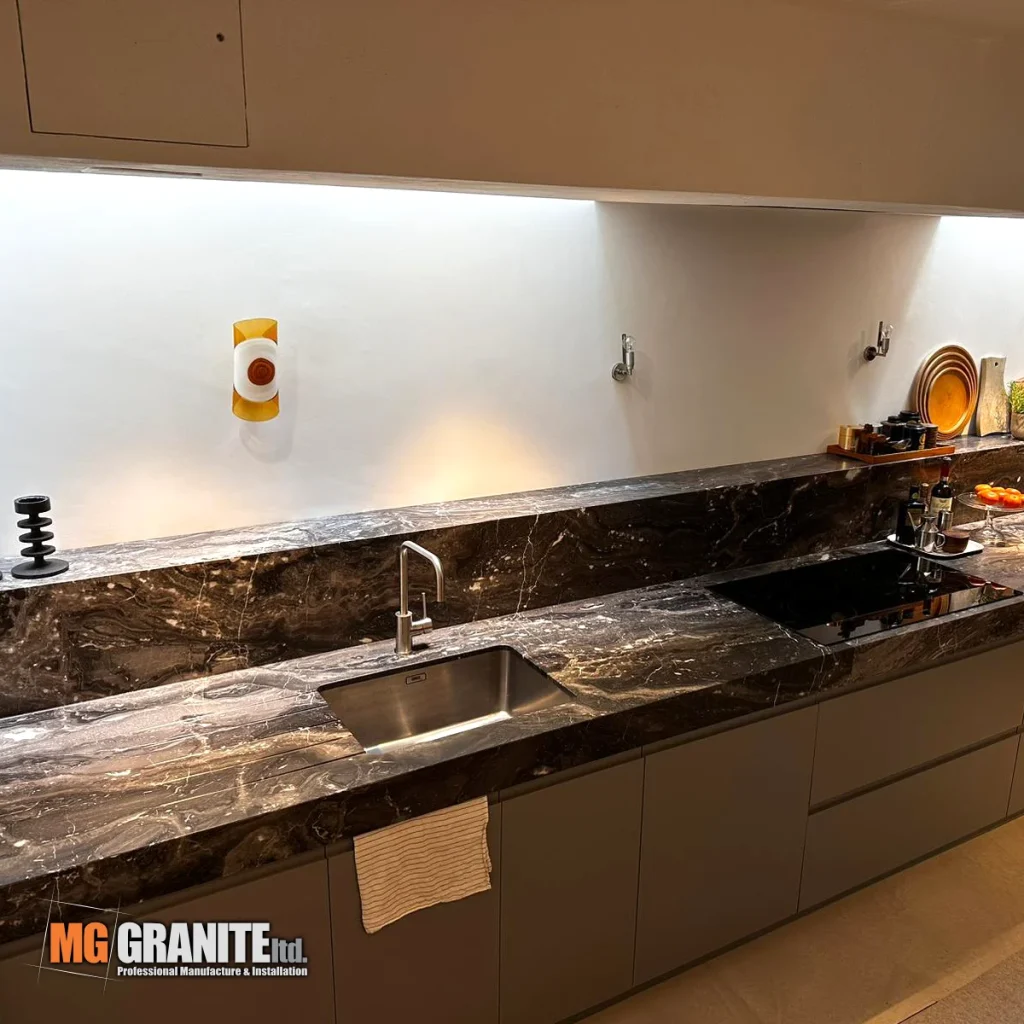 Grigio Orobico Marble kitchen in London worktop with upstands and cutouts