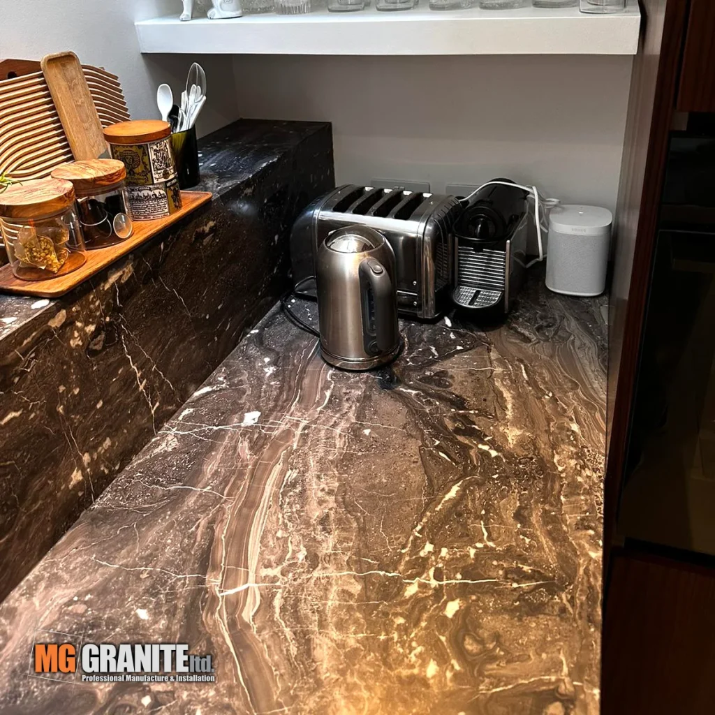 Grigio Orobico Marble kitchen in London countertop with upstands