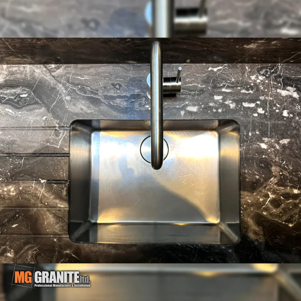 Grigio Orobico Marble kitchen in London sink cut out with draining grooves